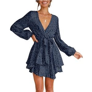 Long Sleeve V-Neck Tie Waist Party Mini Dress with Belt Polka Dot Dress